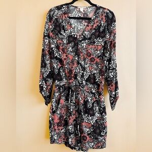H&M dark floral pink & black long sleeve romper playsuit SZ 12 cinch bow waist